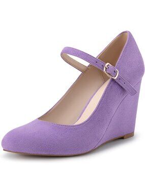 Women's Purple Suede Wedge Pumps With Ankle Strap Closed Toe Dressy Heels Shoes